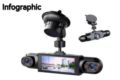 4 Channel Car Dash Cam 1080P HD DVR with 64GB Memory Card Night Vision Parking Mode 3.16" Screen Front Rear Left Right Cameras Dashcam