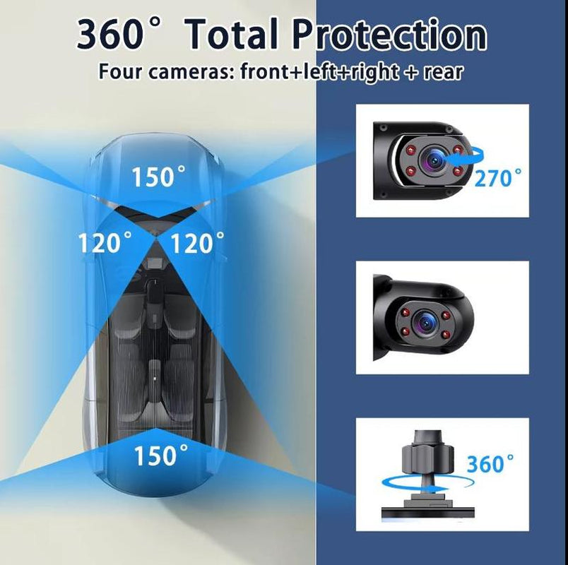 4 Channel Car Dash Cam 1080P HD DVR with 64GB Memory Card Night Vision Parking Mode 3.16" Screen Front Rear Left Right Cameras Dashcam